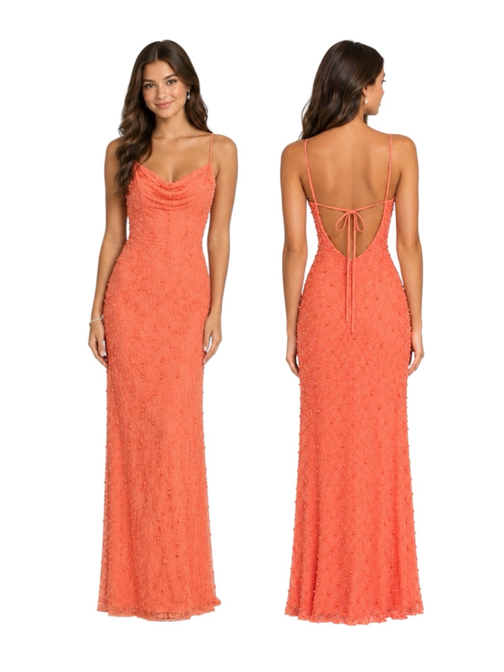 B Darlin Coral Beaded Backless Cowl-Neck Gown